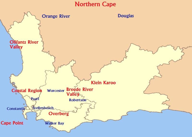 Map of South African wine regions showing Stellenbosch, Paarl, Swartland